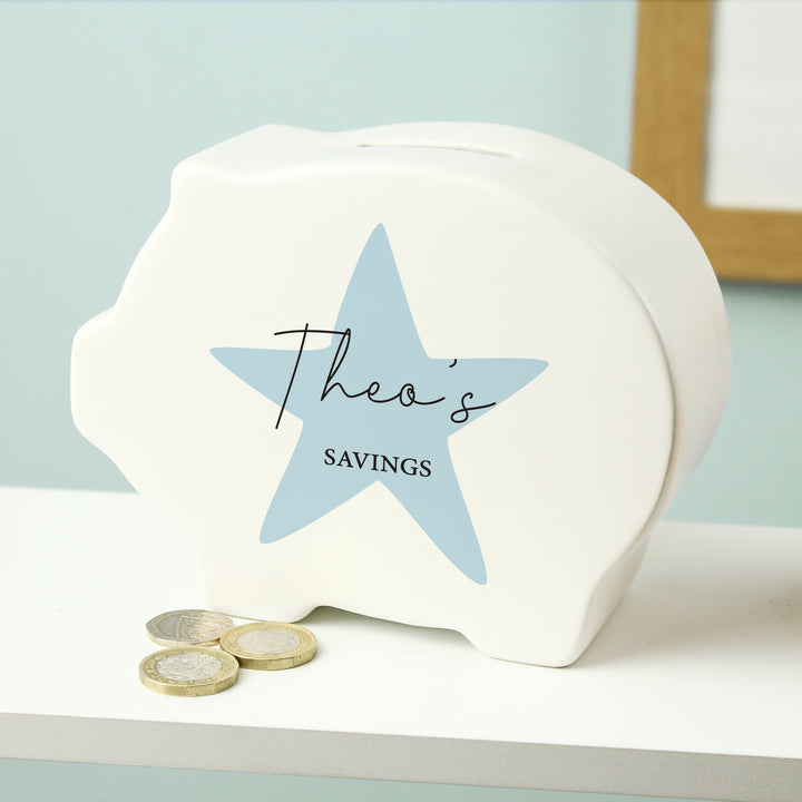 Buy Personalised Blue Star Piggy Bank available now at www.giftsfinder.co.uk