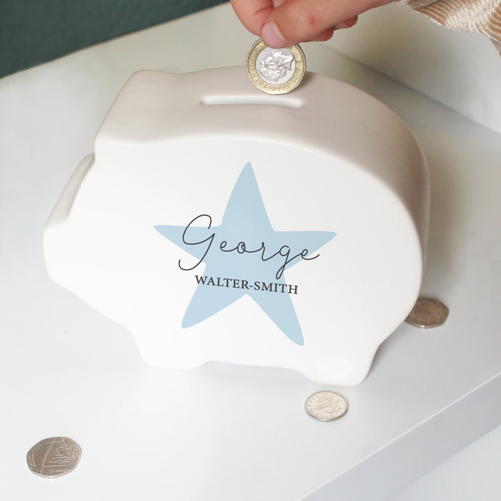 Buy Personalised Blue Star Piggy Bank available now at www.giftsfinder.co.uk