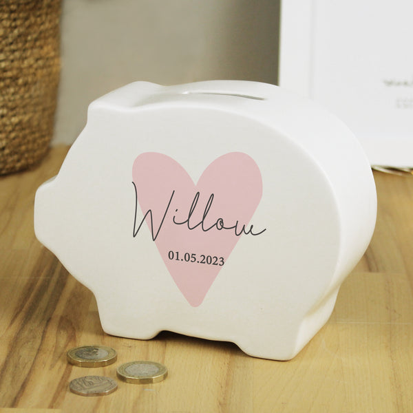 Buy Personalised Pink Heart Piggy Bank at www.giftsfinder.co.uk