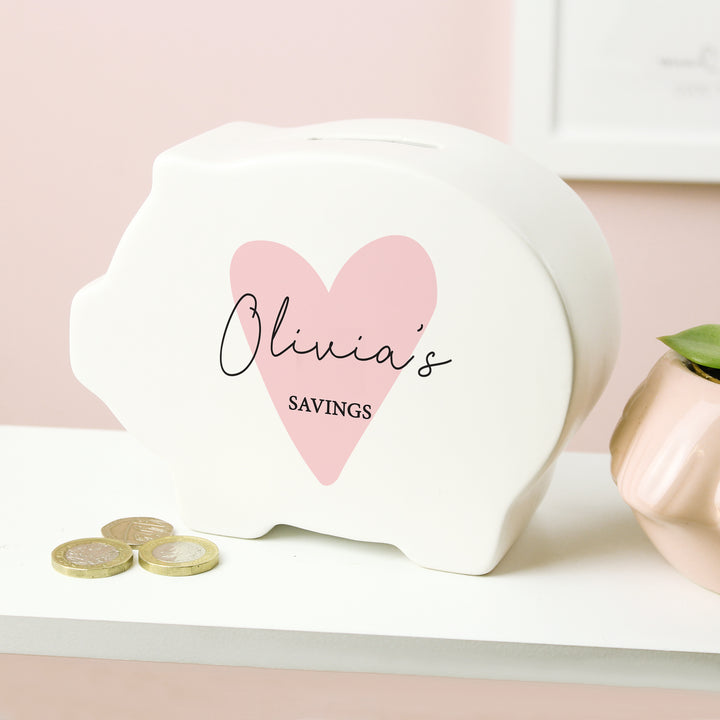 Buy Personalised Pink Heart Piggy Bank at www.giftsfinder.co.uk