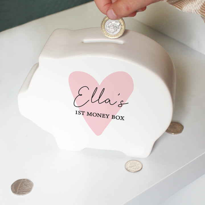 Buy Personalised Pink Heart Piggy Bank at www.giftsfinder.co.uk