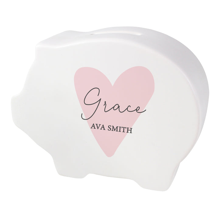 Buy Personalised Pink Heart Piggy Bank at www.giftsfinder.co.uk