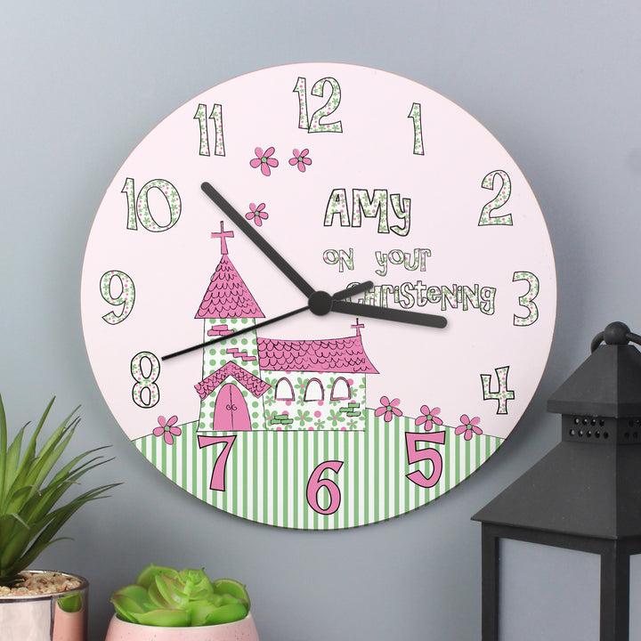 Personalised Whimsical Church Christening Clock in gift category Personalised Christening Gifts