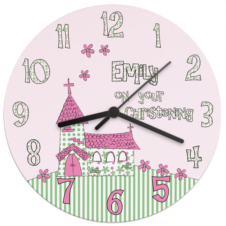 Personalised Whimsical Church Christening Clock in gift category Personalised Christening Gifts