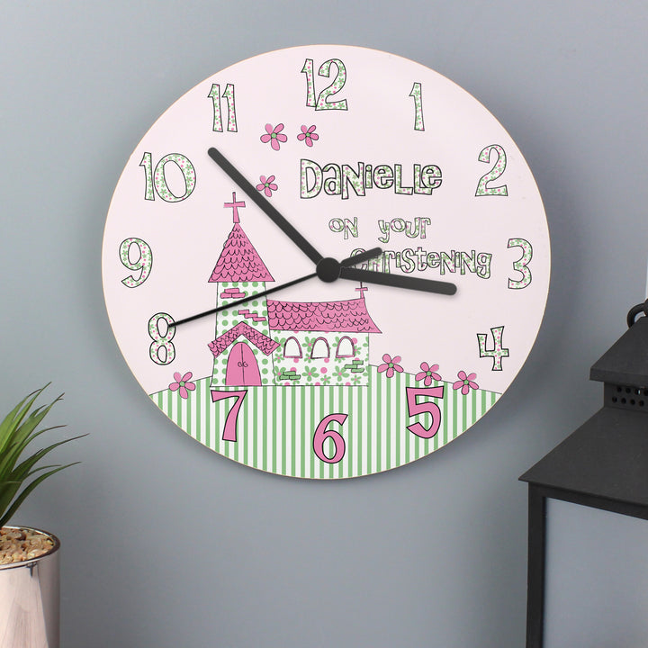 Personalised Whimsical Church Christening Clock in gift category Personalised Christening Gifts