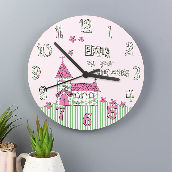 Personalised Whimsical Church Christening Clock in gift category Personalised Christening Gifts