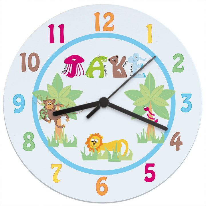 Buy Personalised Blue Animal Alphabet Clock available now at www.giftsfinder.co.uk