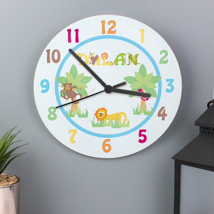 Buy Personalised Blue Animal Alphabet Clock available now at www.giftsfinder.co.uk