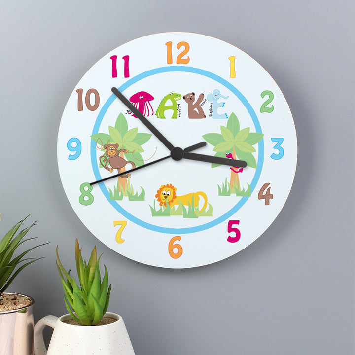 Buy Personalised Blue Animal Alphabet Clock available now at www.giftsfinder.co.uk