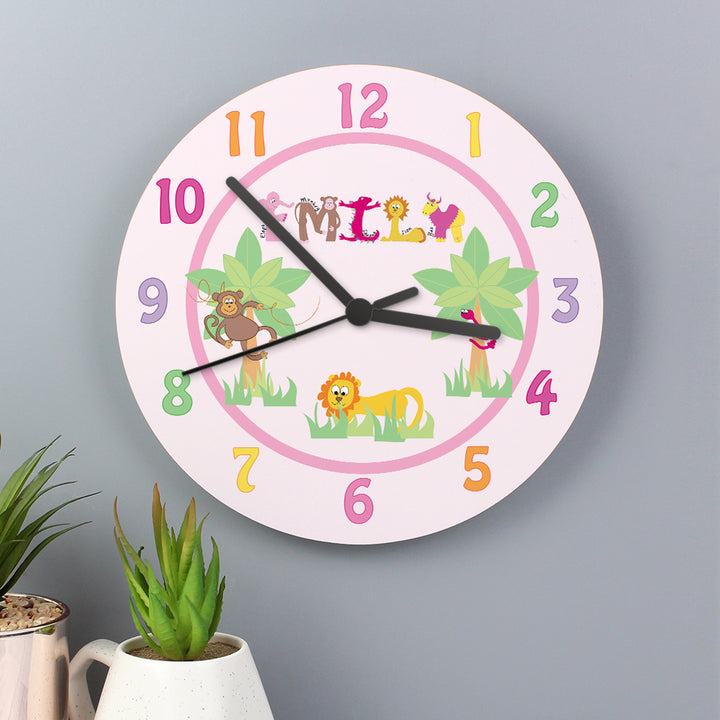 Buy Personalised Pink Animal Alphabet Clock at www.giftsfinder.co.uk