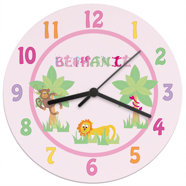 Buy Personalised Pink Animal Alphabet Clock at www.giftsfinder.co.uk