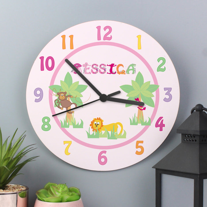 Buy Personalised Pink Animal Alphabet Clock at www.giftsfinder.co.uk