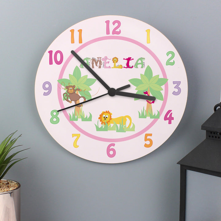 Buy Personalised Pink Animal Alphabet Clock at www.giftsfinder.co.uk