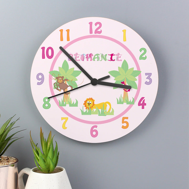 Buy Personalised Pink Animal Alphabet Clock at www.giftsfinder.co.uk