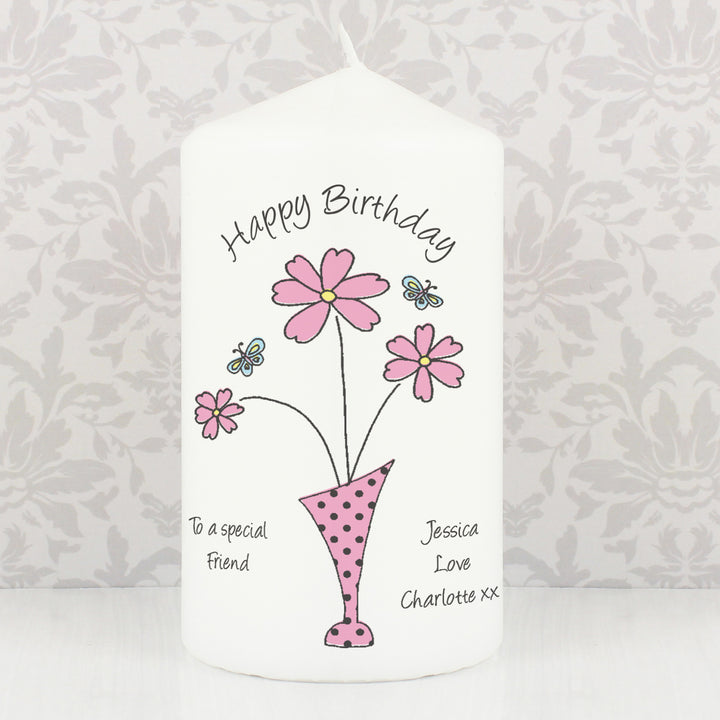 Buy Personalised Flower in Vase Message Pillar Candle available now at www.giftsfinder.co.uk