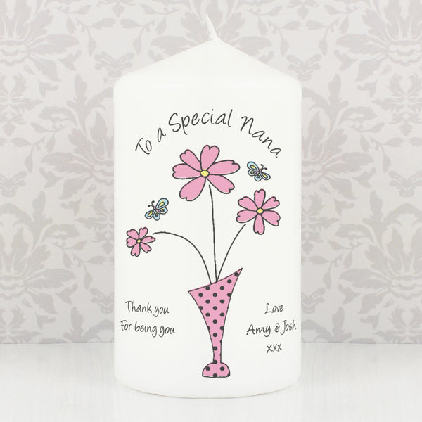 Buy Personalised Flower in Vase Message Pillar Candle available now at www.giftsfinder.co.uk