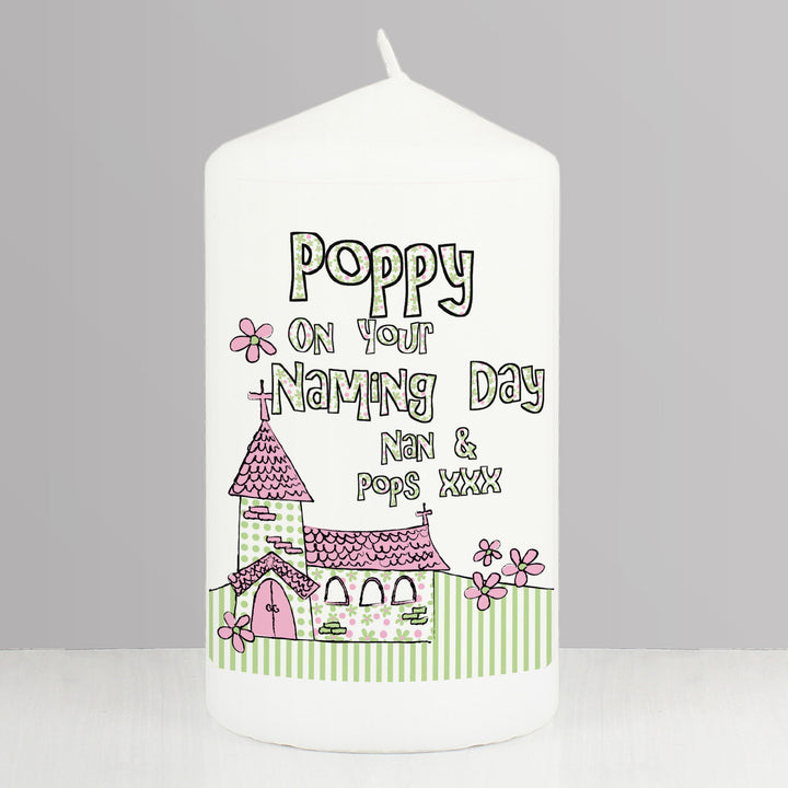 Buy Personalised Pink Church Pillar Candle at www.giftsfinder.co.uk