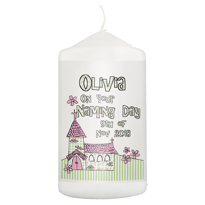 Buy Personalised Pink Church Pillar Candle at www.giftsfinder.co.uk