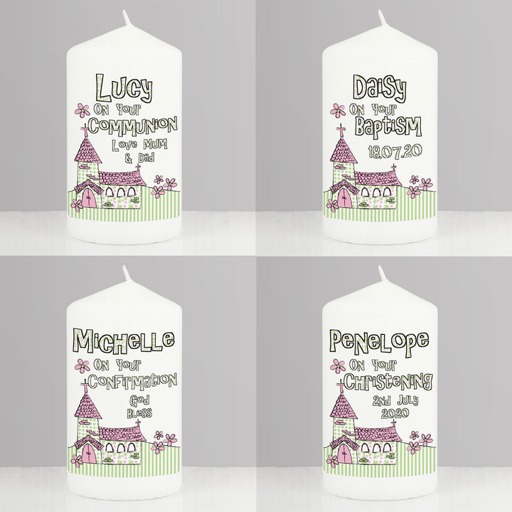 Buy Personalised Pink Church Pillar Candle at www.giftsfinder.co.uk