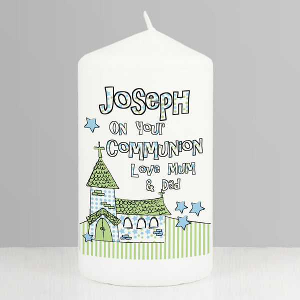 Buy Personalised Blue Church Pillar Candle available now at www.giftsfinder.co.uk