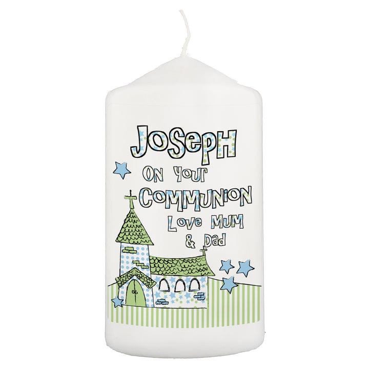 Buy Personalised Blue Church Pillar Candle available now at www.giftsfinder.co.uk