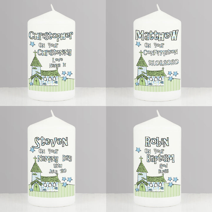 Buy Personalised Blue Church Pillar Candle available now at www.giftsfinder.co.uk