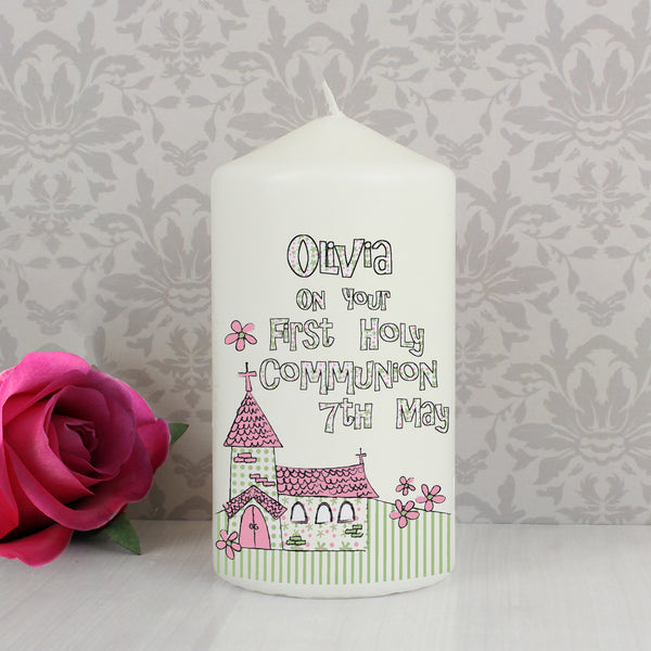 Personalised Whimsical Church Pink 1st Holy Communion Pillar Candle in gift category Personalised Candles