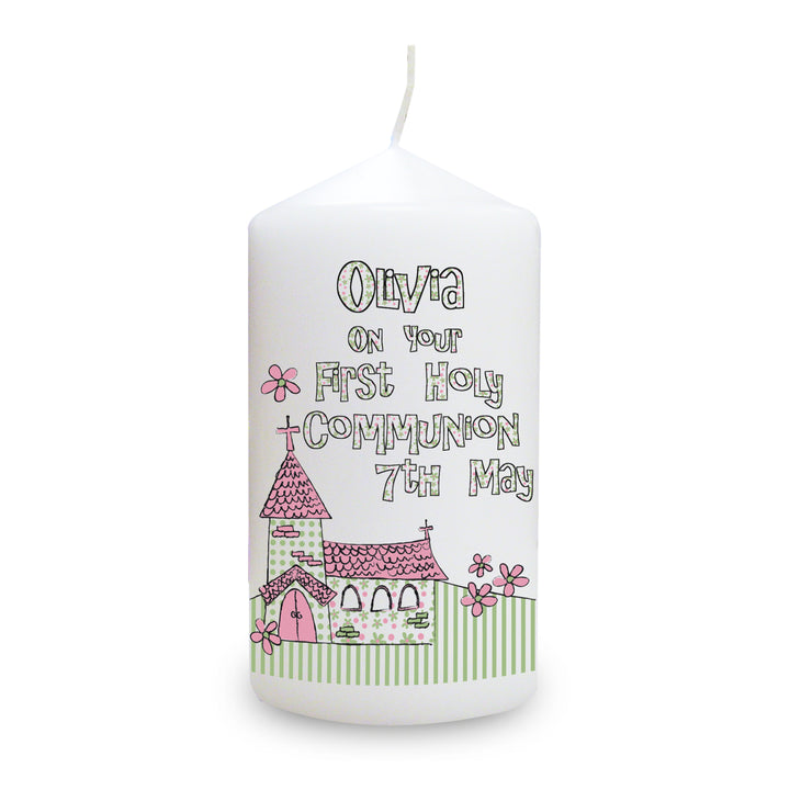 Personalised Whimsical Church Pink 1st Holy Communion Pillar Candle in gift category Personalised Candles