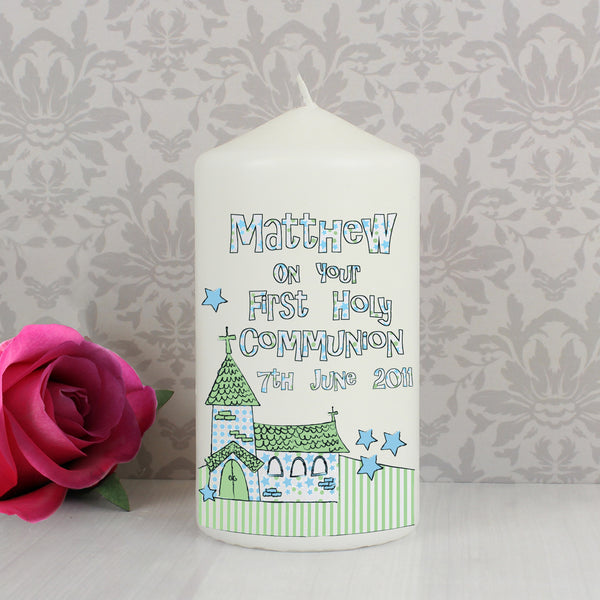 Personalised Whimsical Church Blue 1st Holy Communion Pillar Candle in gift category Personalised Candles