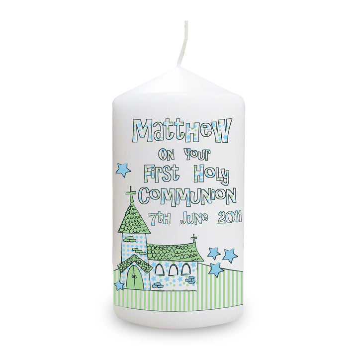 Personalised Whimsical Church Blue 1st Holy Communion Pillar Candle in gift category Personalised Candles