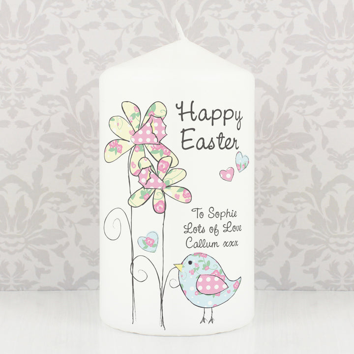 Buy Personalised Daffodil Chick Easter Pillar Candle available now at www.giftsfinder.co.uk