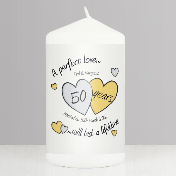 Buy Personalised A Perfect Love Golden Anniversary Pillar Candle available now at www.giftsfinder.co.uk