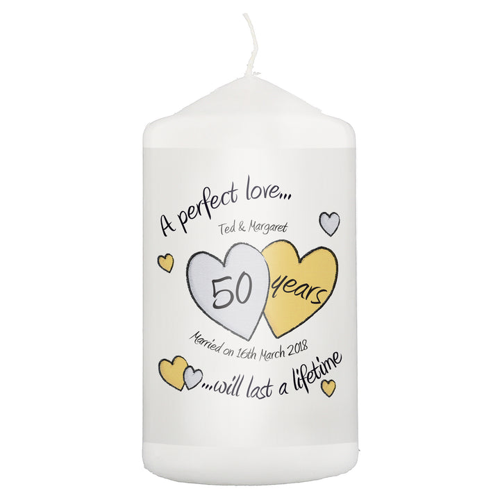 Personalised A Perfect Love Golden Anniversary Pillar Candle - part of the Gifts Finder Personalised Candles collection