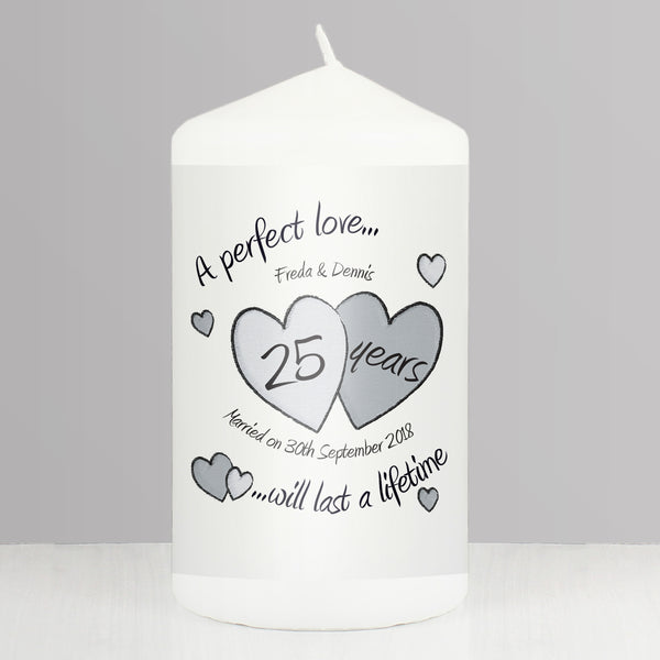 Buy Personalised A Perfect Love Silver Anniversary Pillar Candle available now at www.giftsfinder.co.uk