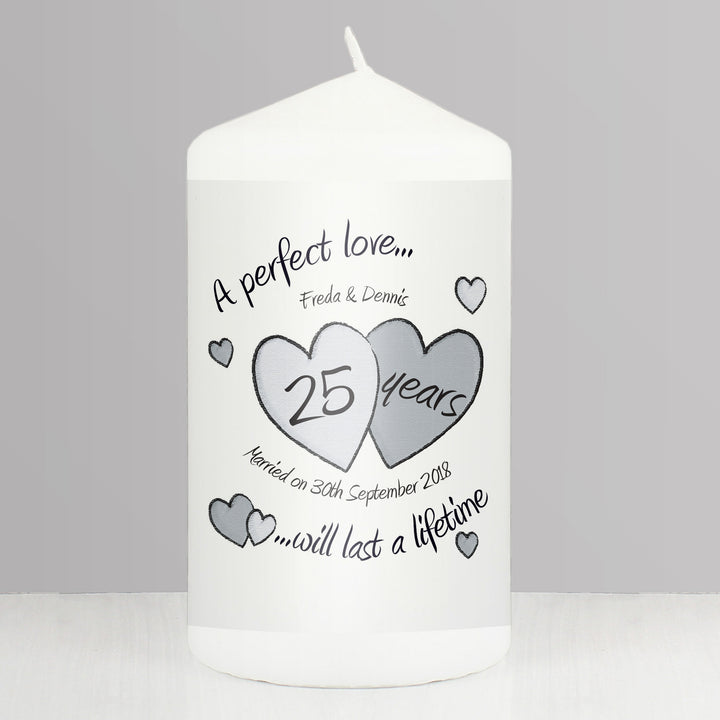 Personalised A Perfect Love Silver Anniversary Pillar Candle - part of the Gifts Finder Personalised Candles collection