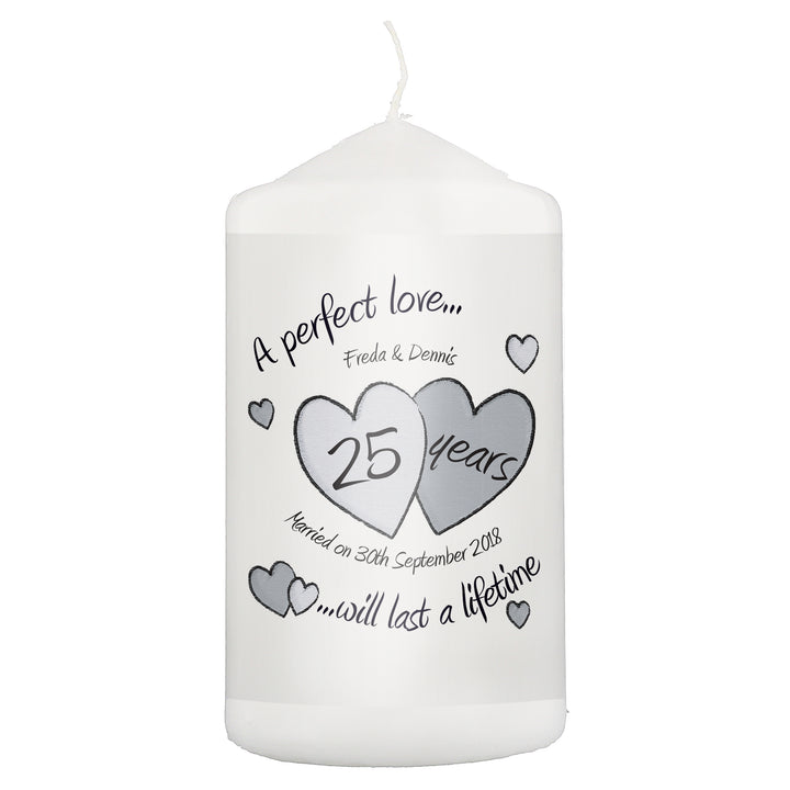 Personalised A Perfect Love Silver Anniversary Pillar Candle - part of the Gifts Finder Personalised Candles collection