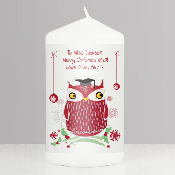 Buy Personalised Christmas Owl Teacher Pillar Candle available now at www.giftsfinder.co.uk