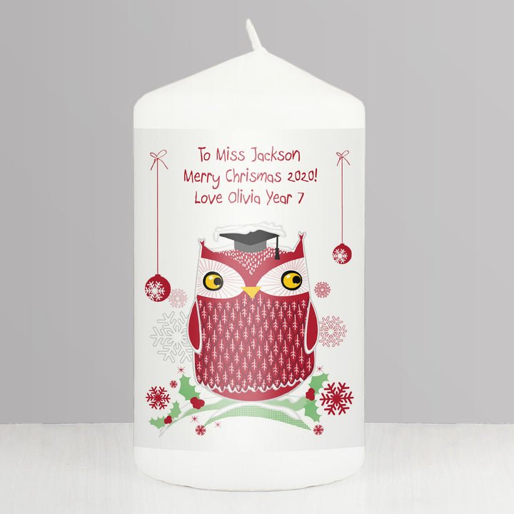 Personalised Christmas Owl Teacher Pillar Candle - part of the Personalised Candles collection