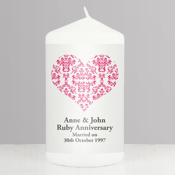 Personalised Ruby Damask Heart Pillar Candle in gift category Personalised Candles