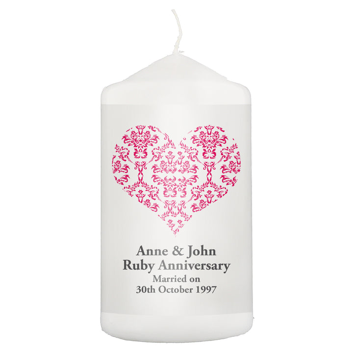 Personalised Ruby Damask Heart Pillar Candle in gift category Personalised Candles