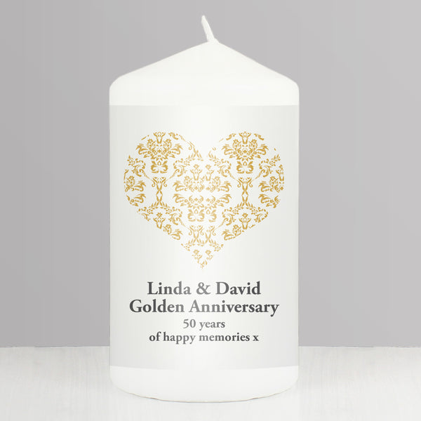 Buy Personalised Gold Damask Heart Pillar Candle available now at www.giftsfinder.co.uk