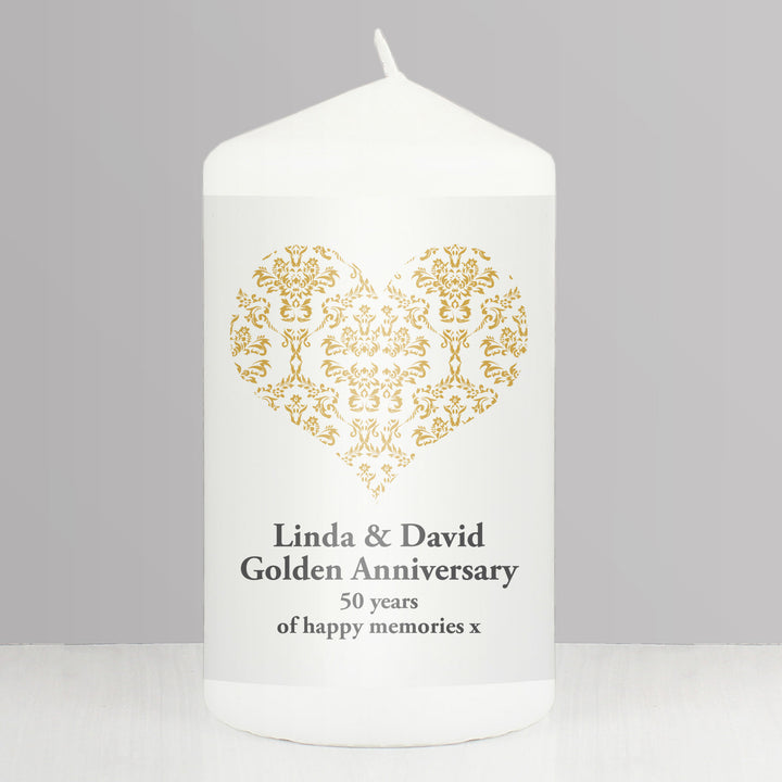 Personalised Gold Damask Heart Pillar Candle - part of the Gifts Finder Personalised Candles collection