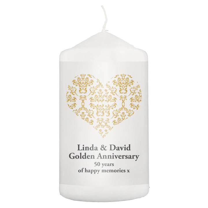 Personalised Gold Damask Heart Pillar Candle - part of the Gifts Finder Personalised Candles collection