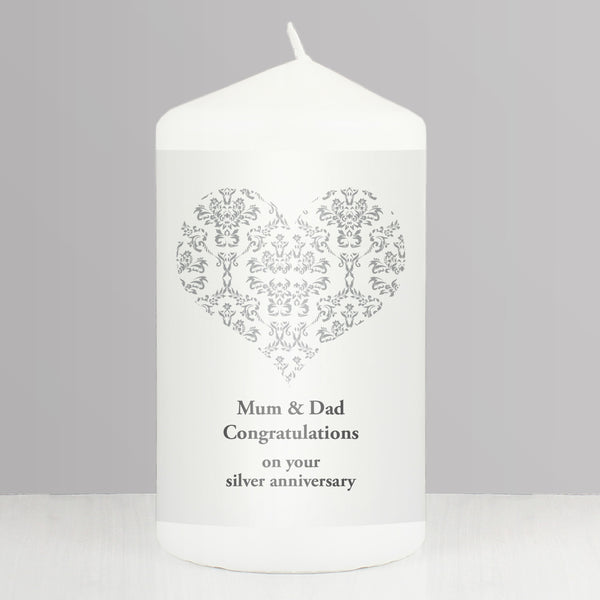 Personalised Silver Damask Heart Pillar Candle in gift category Personalised Candles