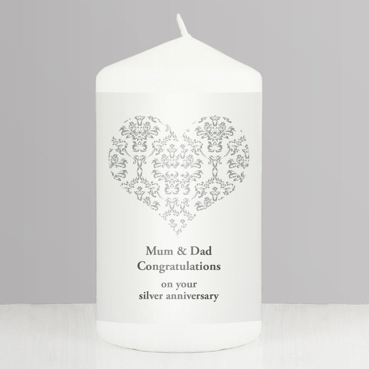 Personalised Silver Damask Heart Pillar Candle in gift category Personalised Candles