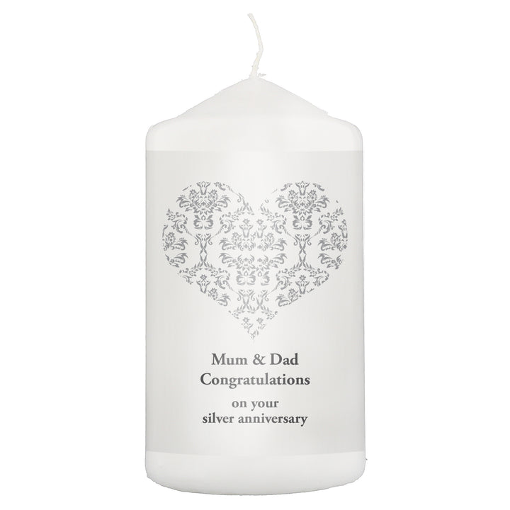 Personalised Silver Damask Heart Pillar Candle in gift category Personalised Candles