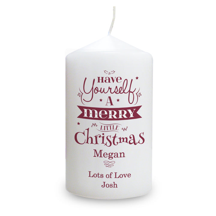 Buy Personalised Merry Little Christmas Pillar Candle available now at www.giftsfinder.co.uk