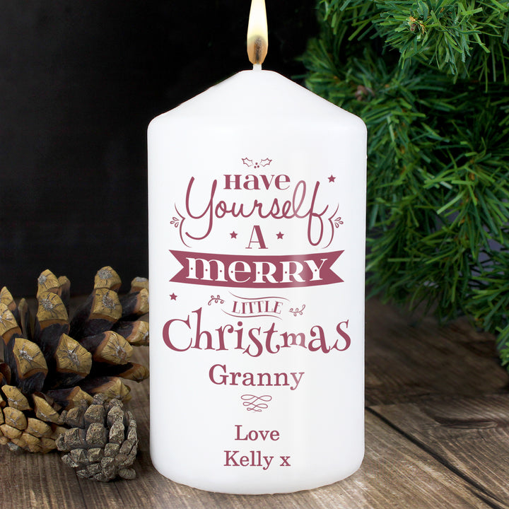 Buy Personalised Merry Little Christmas Pillar Candle available now at www.giftsfinder.co.uk