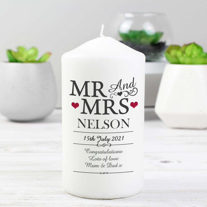 Buy Personalised Mr & Mrs Pillar Candle available now at www.giftsfinder.co.uk