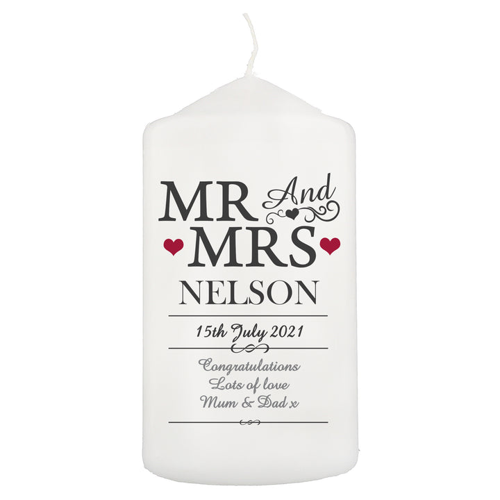 Buy Personalised Mr & Mrs Pillar Candle available now at www.giftsfinder.co.uk